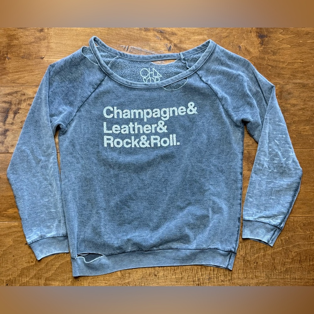 Chaser Champagne Leather Rock Roll Sweatshirt Gray Distressed S